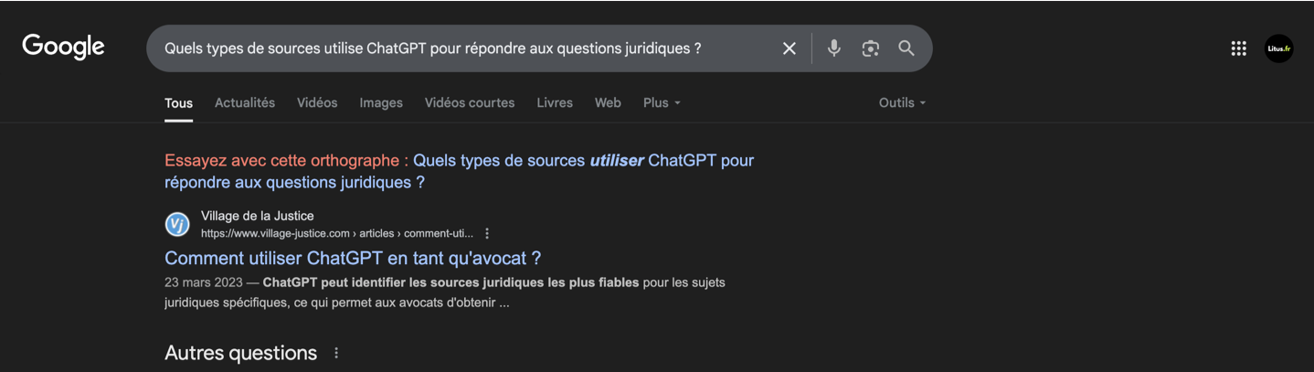 Résultat Google question juridique IA